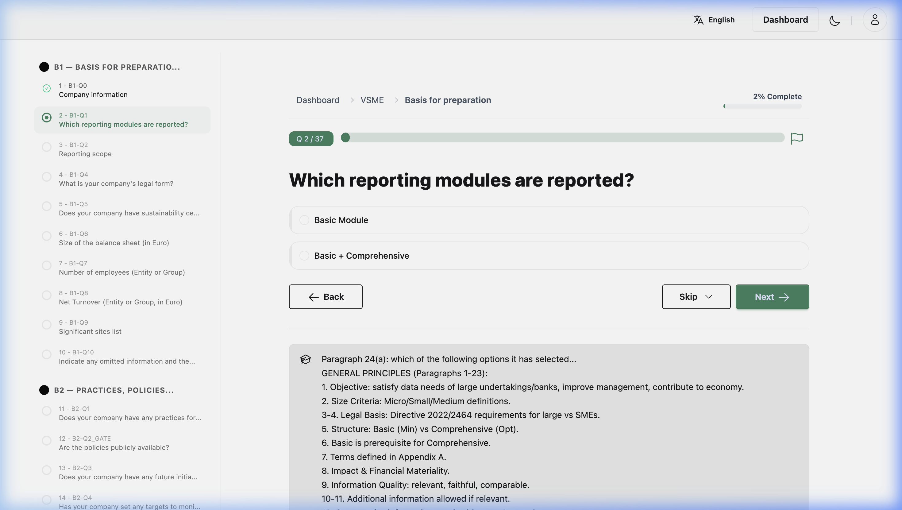 ExecutESG VS (VSME) questionnaire wizard showing guided questions with ESRS references